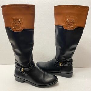 Tommy Hilfiger Women’s Drea2 Black & Cognac Brown Knee High Riding Boots Size 7